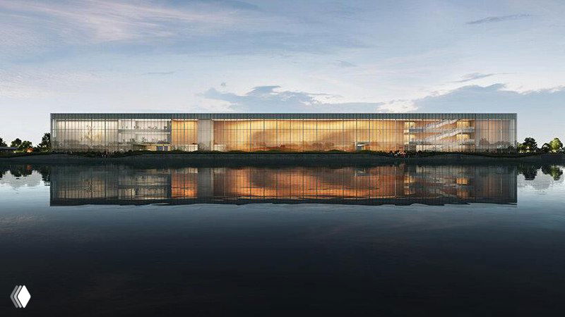 Фасадная перспектива рендера: длинное здание-склад с прозрачными и отражающими элементами фасада, отражение в воде на переднем плане при закатном освещении.
