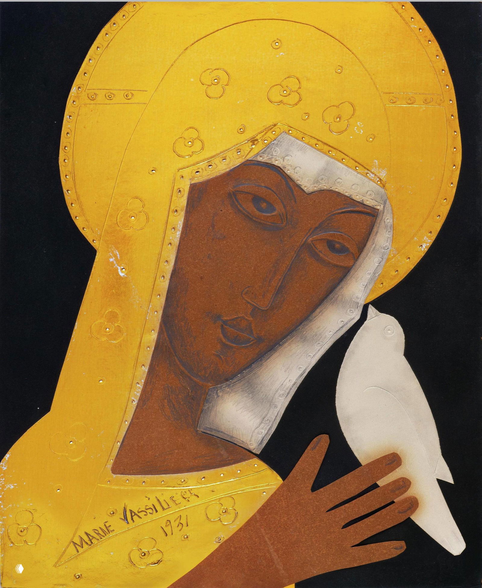 Крупный план иконы Богоматери с золотым нимбом и изображением белого голубя рядом; выразительные глаза и декоративный фон.