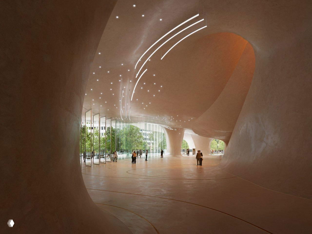 Интерьер первого этажа: просторное пещероподобное общественное пространство с органическими формами, высоким остеклением и прохожими.