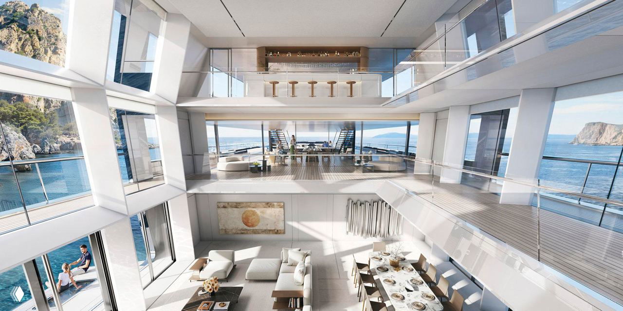Интерьерный рендер атриума яхты Outlier I: трёхуровневое пространство с обеденной зоной, гостиной, светлыми пастельными тканями, деревом и полированным камнем.