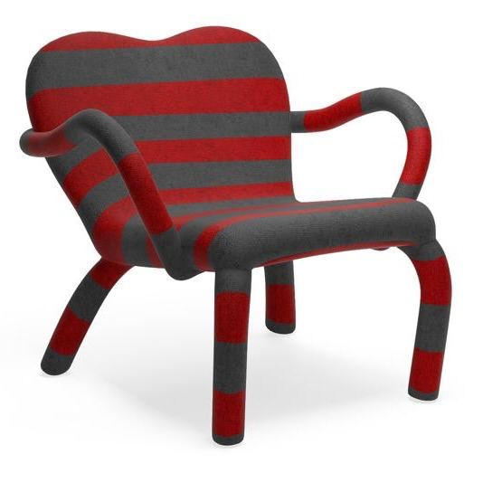 Низкое кресло с полосатой текстильной обивкой в серо-красных тонах, округлые формы и мягкие линии, арт-дизайн с игровой эстетикой.