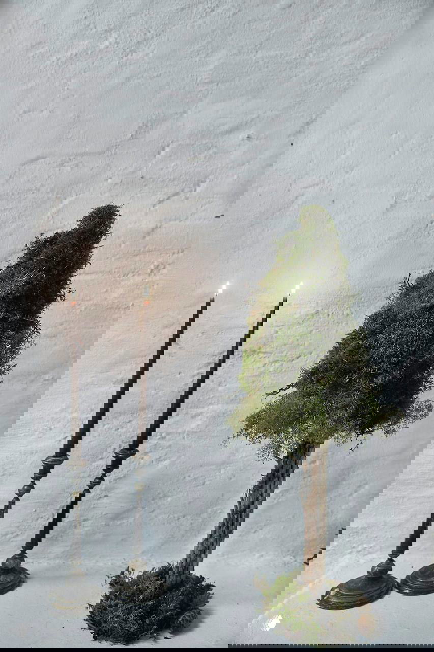 Небольшая декоративная елочка, покрытая мхом, рядом две тонкие горящие свечи на старинных подсвечниках на фоне белой кирпичной стены.