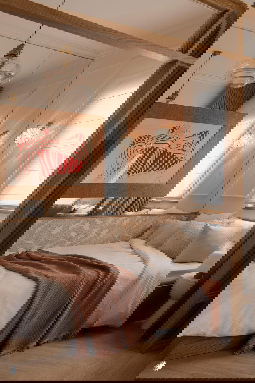 Крупный план спальни с изголовьем: белое постельное бельё, фактурный плед тёплого цвета и настенные бра, создающие мягкое освещение.