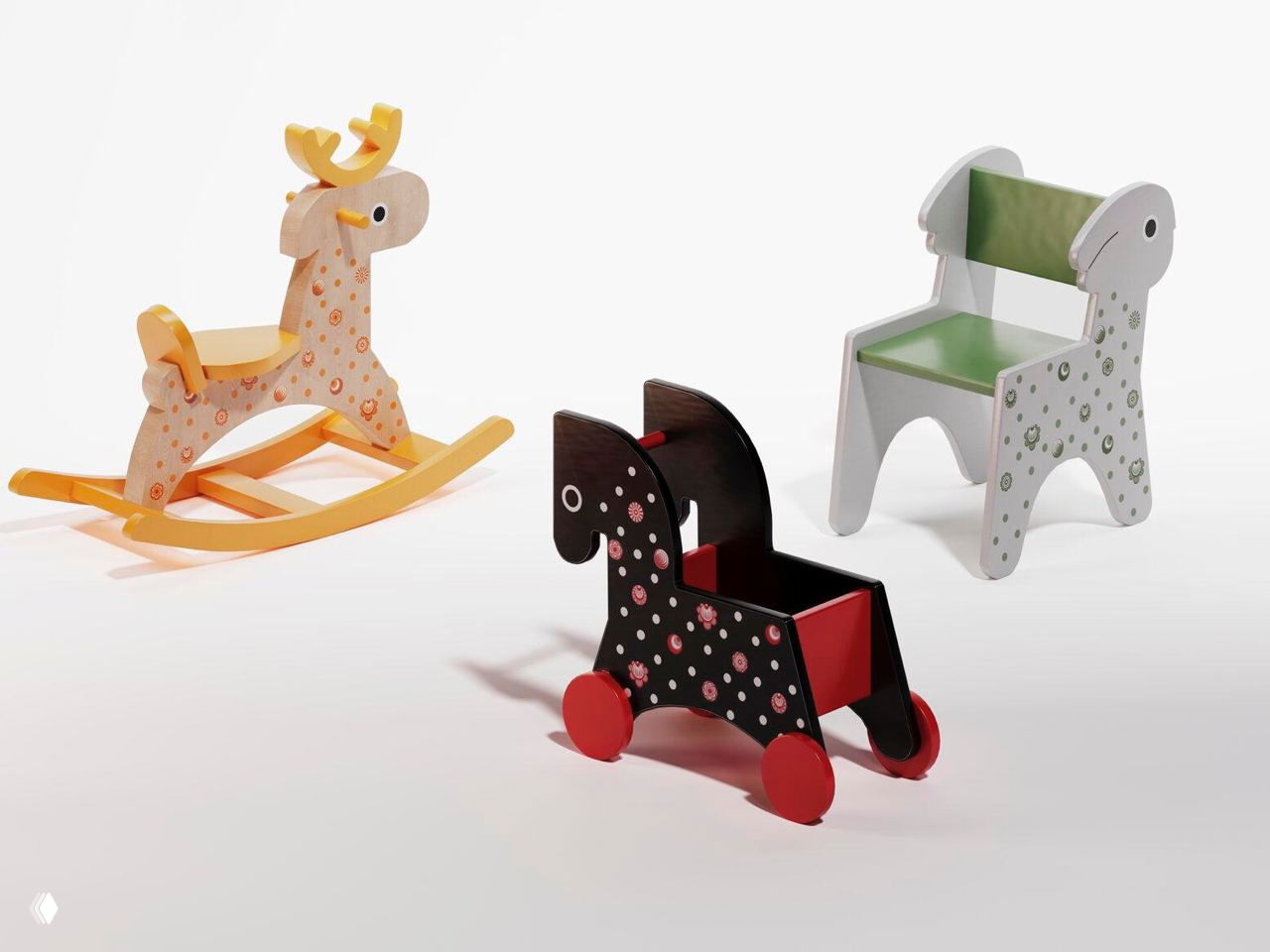 Несколько предметов детской мебели: желтая качалка-олень, детский стул и игрушечная коляска в единой декоративной теме.
