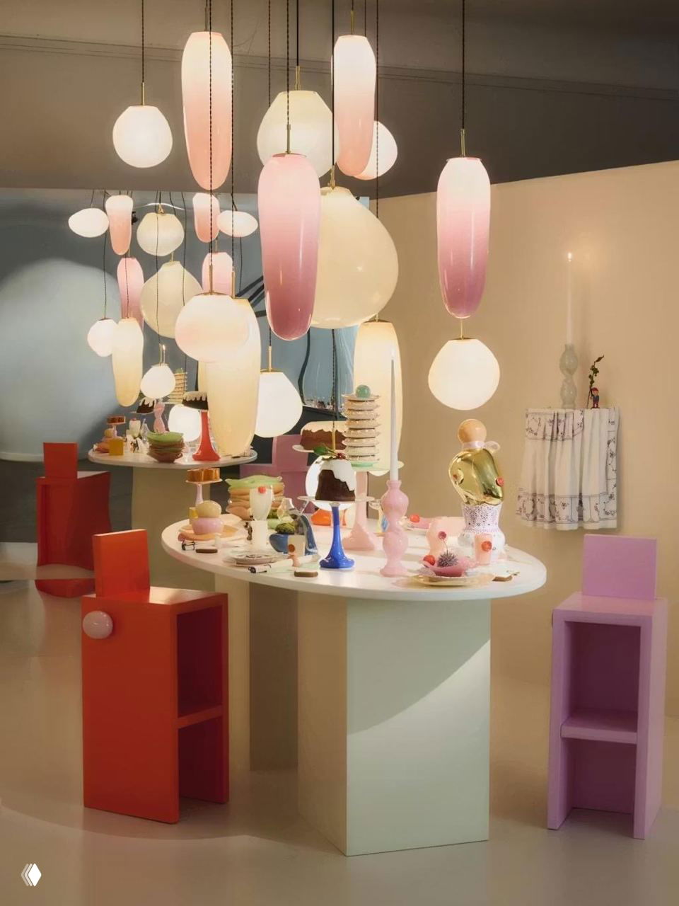 Пастельная праздничная сервировка с яркими декоративными предметами, столом в светлых тонах и группой подвесных ламп над композицией.