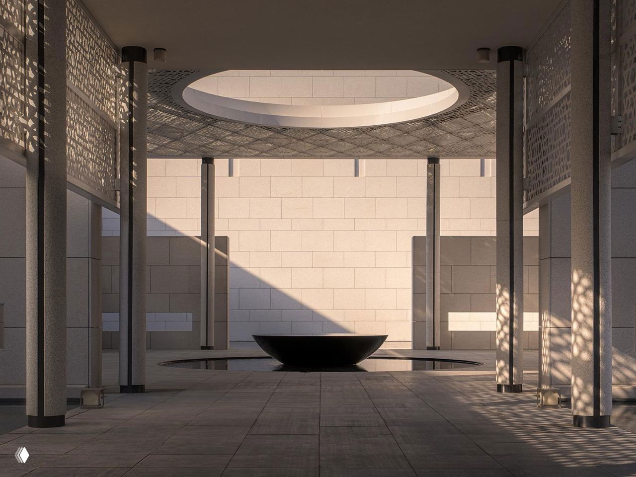 Внутренний двор с круглым отверстием в крыше, колоннами и центральной чашей-фонтаном — архитектурный приём, создающий игру света и тени в лобби по проекту Cheng Chung Design.