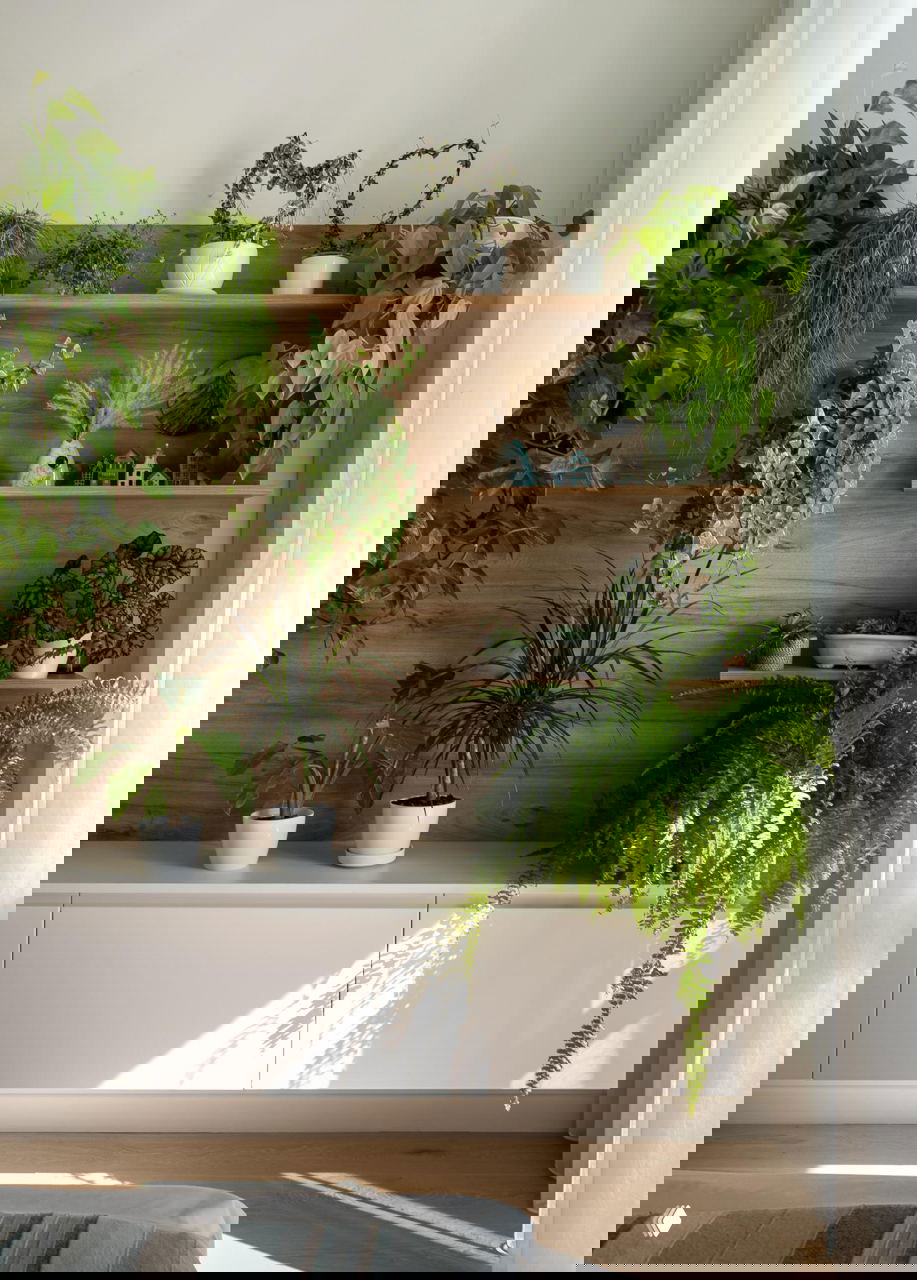 Стеллажи с многочисленными комнатными растениями на фоне деревянной панели — продуманная композиция зелёных форм и текстур в интерьере.