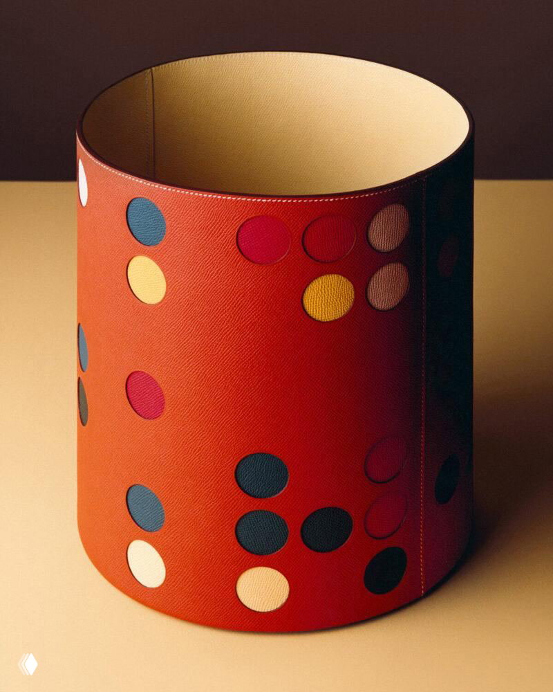 Кожаная цилиндрическая шкатулка или ламповый абажур из коллекции Hermès с цветными круглыми инкрустациями на фоне нейтральной поверхности.