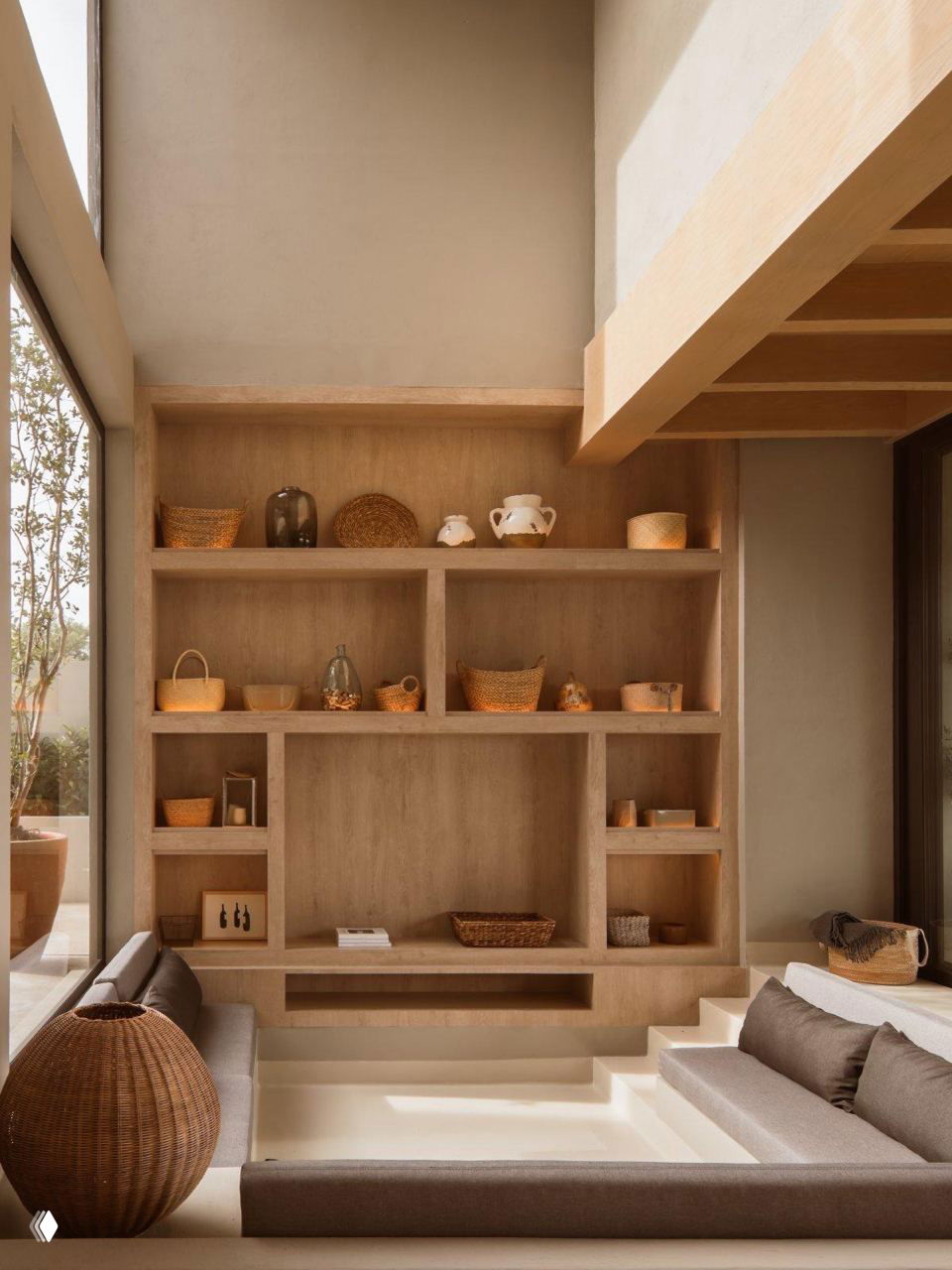 Тёплая нейтральная утопленная гостиная с деревянными полками и декоративными корзинами, деликатно освещённая дневным светом через большое окно.