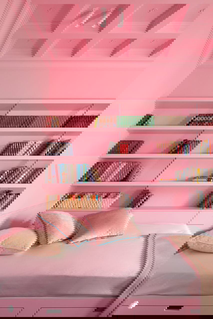 Розовая книжная стена и уютная ниша: открытые полки, множество книг и мягкая кровать с бархатными подушками, пастельные оттенки в декоре спальни