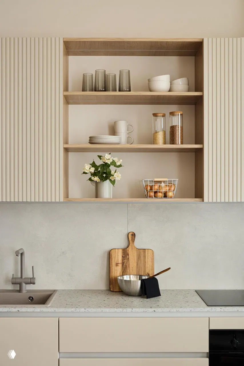 Крупный план кухонной рабочей зоны: светлые ребристые фасады, открытые деревянные полки с посудой и баночками, разделочная доска на фоне светлой столешницы с тонкой фактурой.