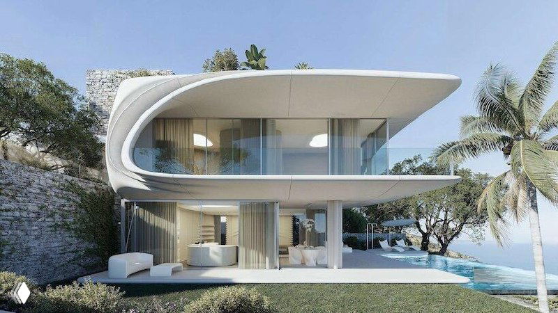 Рендер фасада и прилегающей террасы с визуальными искажениями изображения: архитектура дома с волнистыми поверхностями и частичной цифровой артефактацией.