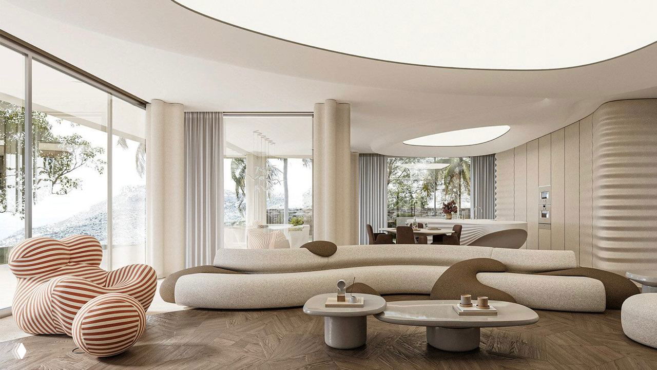 Интерьер гостиной виллы Perla: мягкие округлые формы мебели, панорамные окна, светлые тона и цельные элементы, встроенные в архитектурную геометрию.