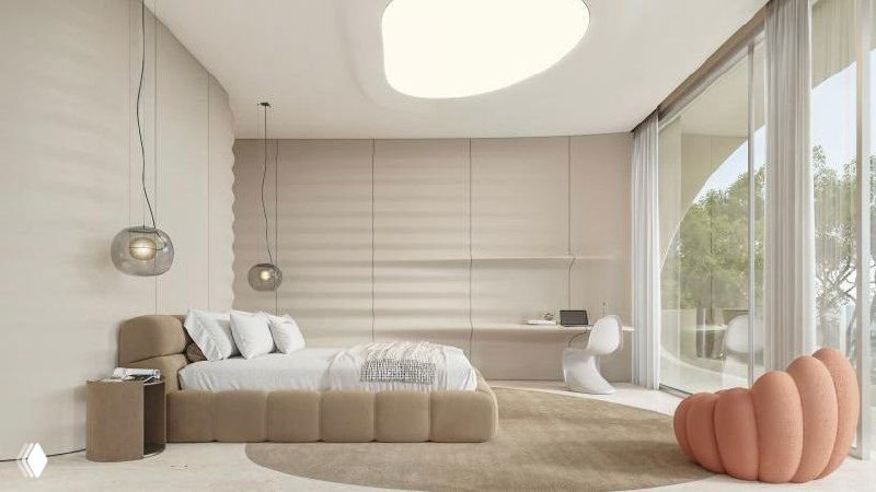 Спальная зона и интерьер с плавными стенами и овальными световыми проёмами на потолке, мягкая сдержанная палитра и минималистичная отделка.