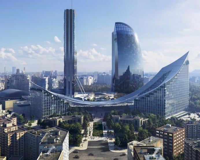 Городская панорама с несколькими крупными архитектурными сооружениями и футуристическим мостом; вид на деловой район и высокие башни.