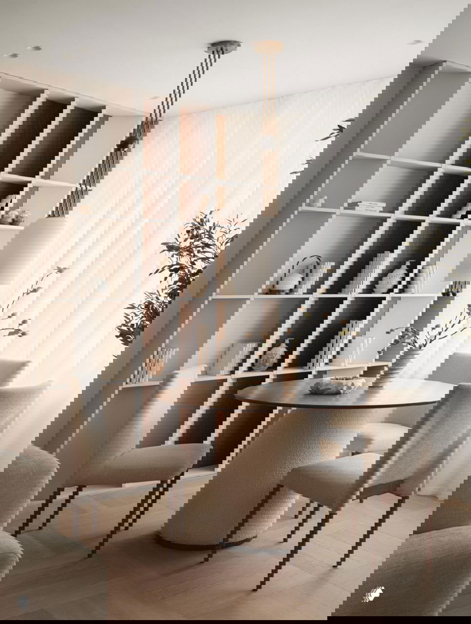 Обеденная зона с круглым деревянным столом, полками-стеллажом и мягкими стульями на фоне больших окон с прозрачными шторами.