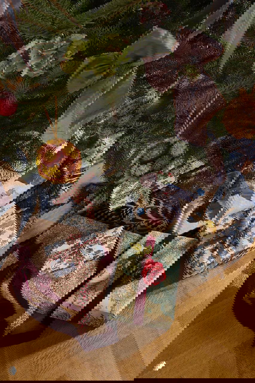 Крупный план подарков под ёлкой в поместье: аккуратно упакованные коробки, тканевые и бархатные ленты, сухие цветочные украшения и банты на Рождество в поместье на Фюне.