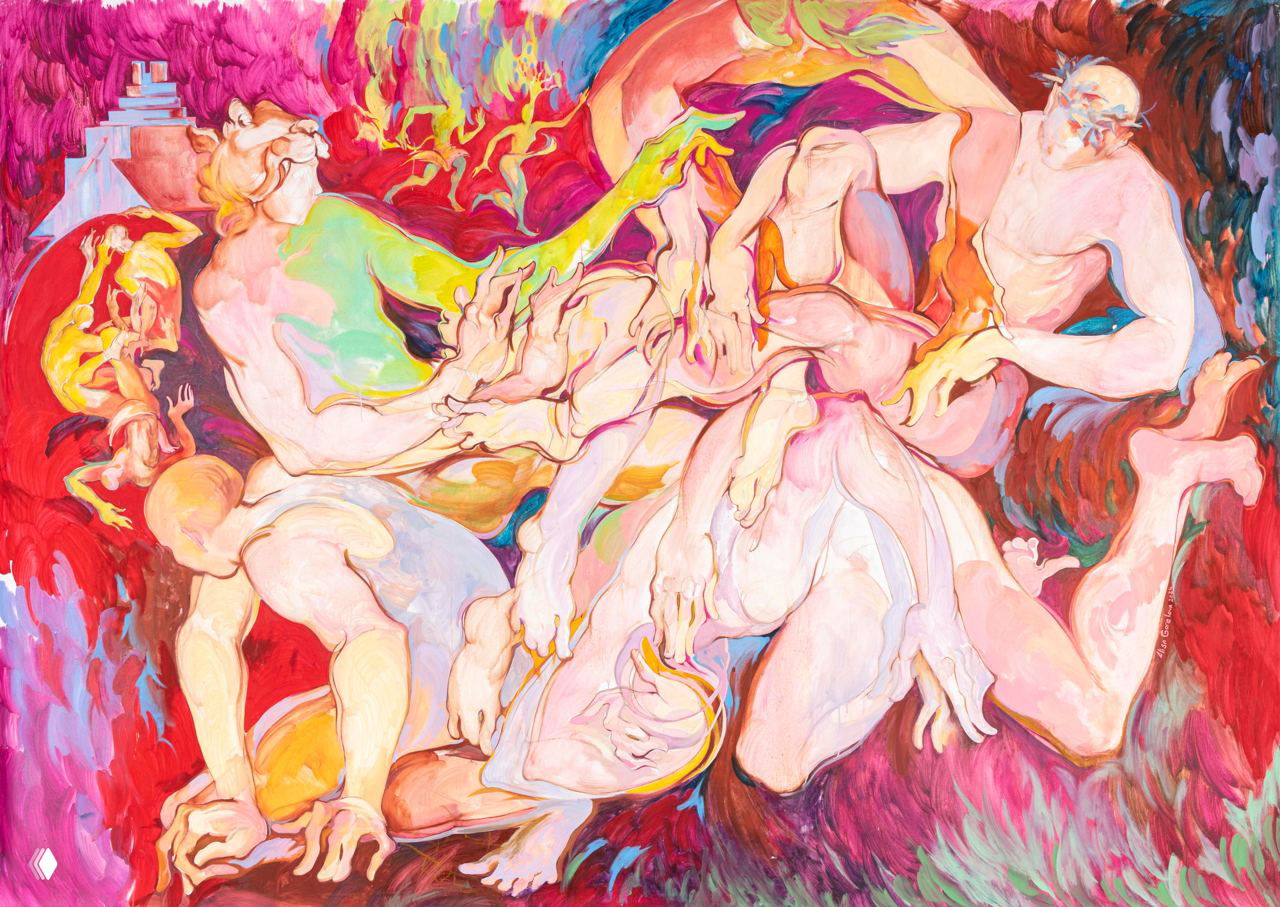 Яркая живописная картина с переплетёнными человеческими фигурами в насыщенных розовых, красных и оранжевых тонах; динамичная, экспрессивная композиция.