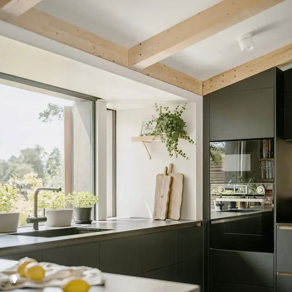 Интерьер у окна: подоконник с растениями, деревянные балки потолка и минималистичная тёмная мебель в плавучем доме на канале