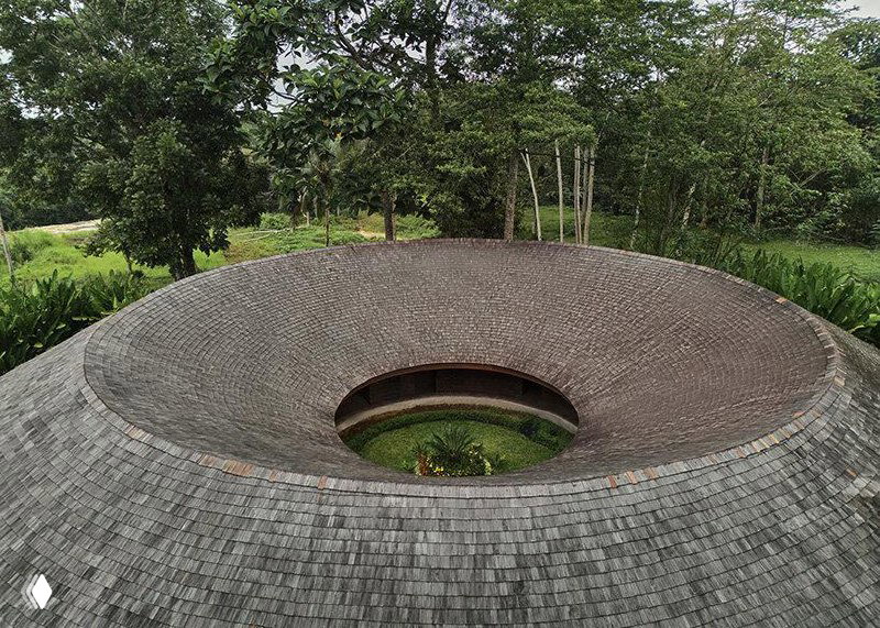 Крупный план изогнутой гонтовой кровли и перехода скатов, подчеркивающий фактуру покрытия и связь формы дома с холмистым рельефом.