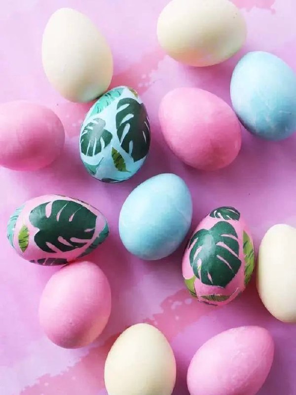 Пастельные окрашенные яйца на розовом фоне; некоторые украшены наклейками с изображением листьев монстеры, лаконичная композиция для пасхальной фотосессии.