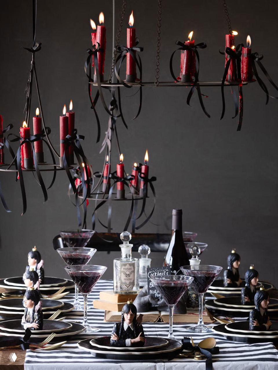 Мрачно‑гламурная сервировка: чёрно‑красные свечи, коктейли и фигурки в стиле сериала «Уэнсдей» — эффектный вариант оформления праздничного стола.
