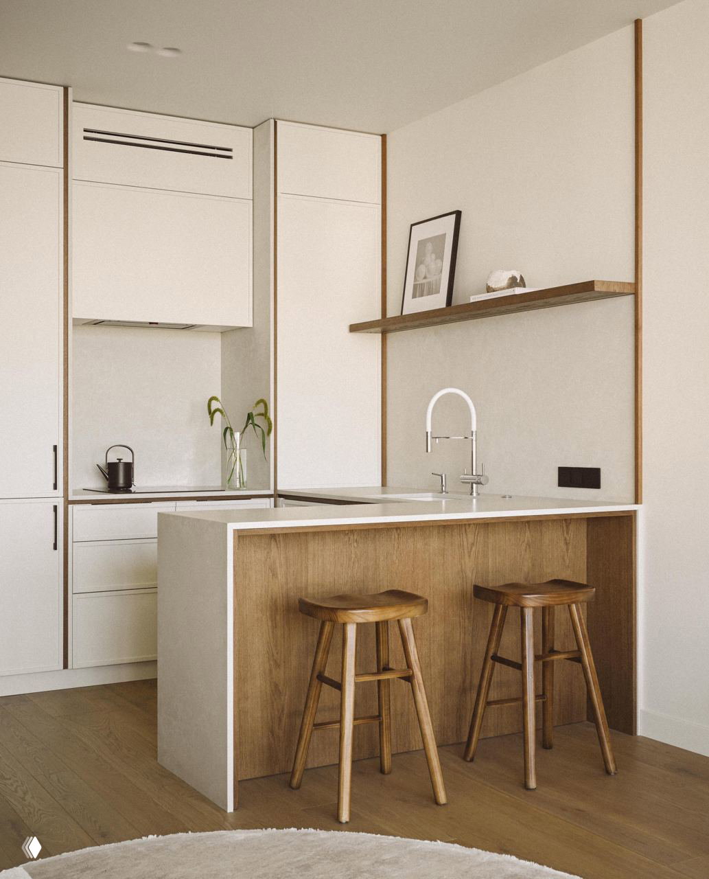 Кухонный остров и барные табуреты в светлой кухне: белые фасады, деревянная отделка, минималистичные линии и продуманная функциональность пространства.