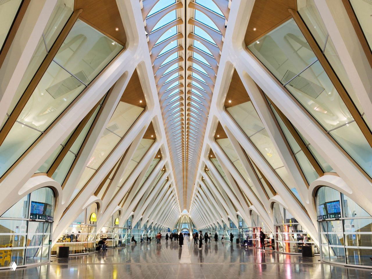 Длинный вид центральной галереи вокзала: симметричная линия опор и высокое остекление создают туннельный перспективный эффект.