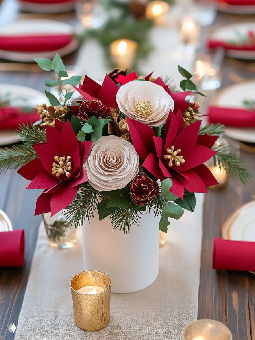 Букет-центральное украшение с красными цветами, белыми розами и еловыми веточками на праздничном столе в компактном интерьере