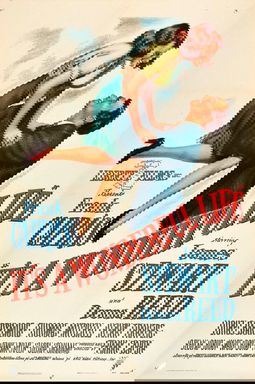 Ретро-постер фильма «It's a Wonderful Life»: винтажный арт с влюблённой парой в поднятой позе, классическая типографика и оптимистичный стиль афиши.