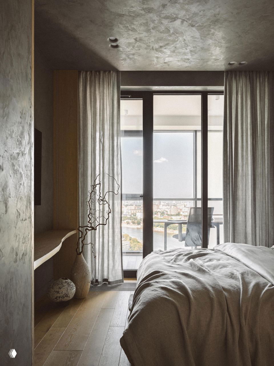 Главная спальня с выходом на балкон: тонкие занавеси, деревянный пол и натуральные материалы в минималистичной японской палитре спокойных оттенков.