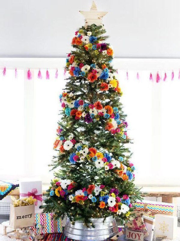 Фрагмент елки с яркими многоцветными украшениями и цифровыми искажениями на изображении, пример креативного, но повреждённого визуального материала.