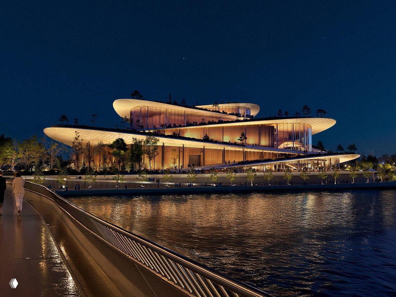 Ночное изображение проекта оперы от BIG: подсвеченные изогнутые террасы над водой, отражения в реке и пешеходы вдоль набережной.