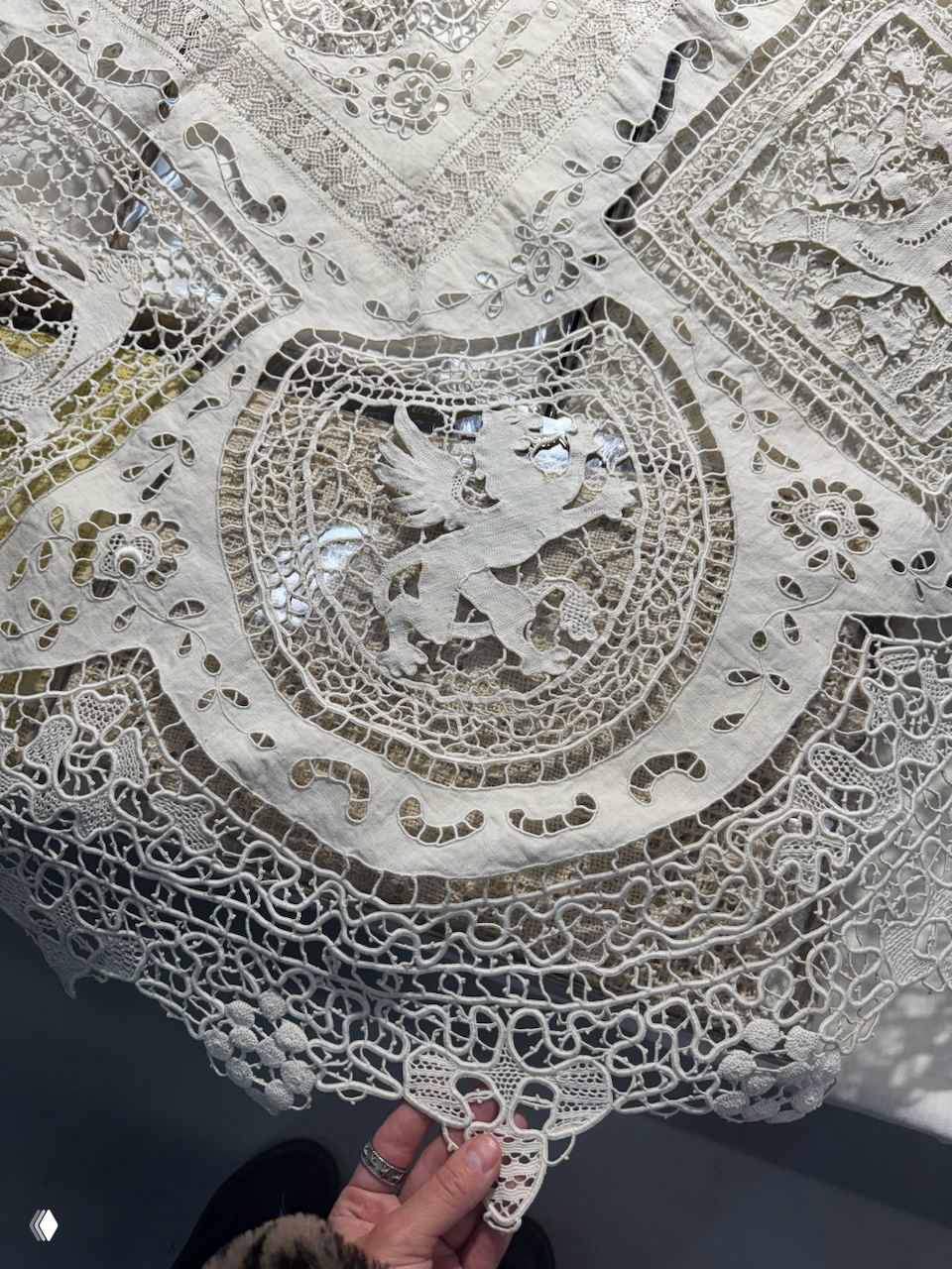 Фрагмент кружевной скатерти XIX века с тонкой ручной вышивкой и ажурными элементами, снятый крупным планом на маркете.