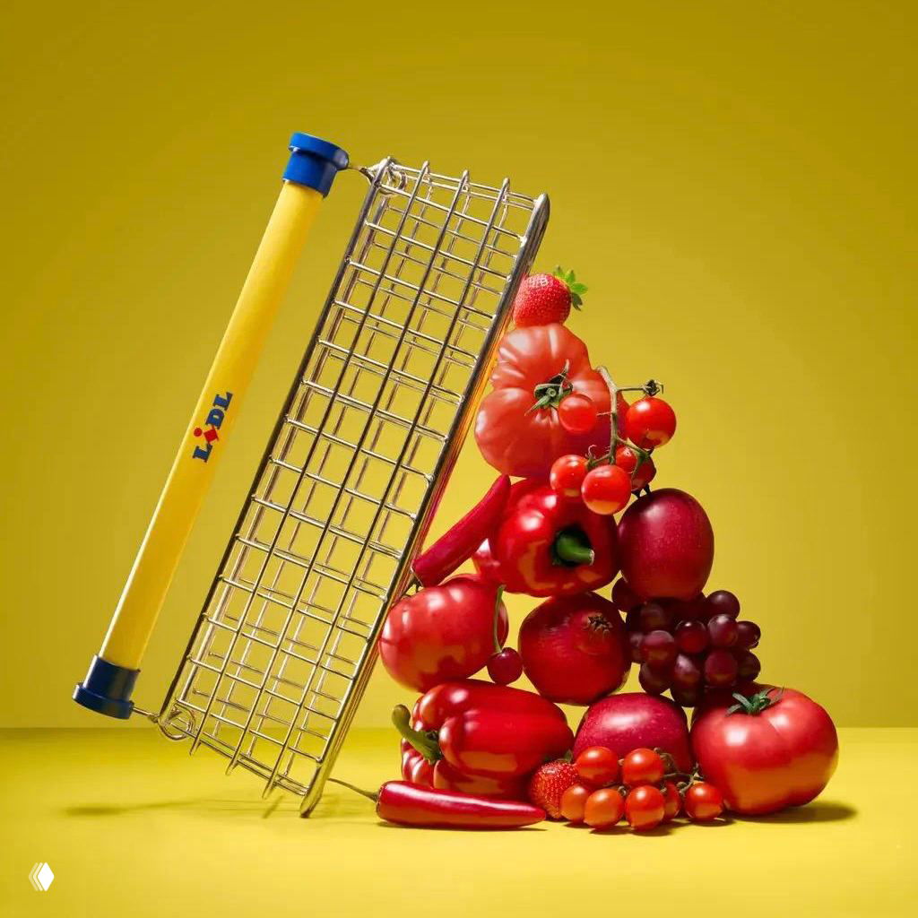 Металлическая корзина‑сетка с жёлтой рукоятью Lidl, поставленная рядом с клубникой и томатами на жёлтом фоне — стилизованная продуктовая композиция для презентации сумки.