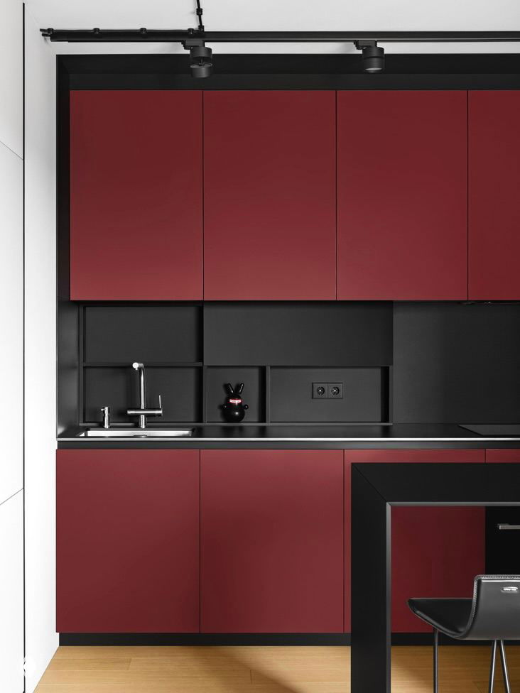 Чёрно-красная кухня с матовыми фасадами и чёрным фартуком: демонстрация скрытых ниш и минималистичных решений для хранения кухонных вещей