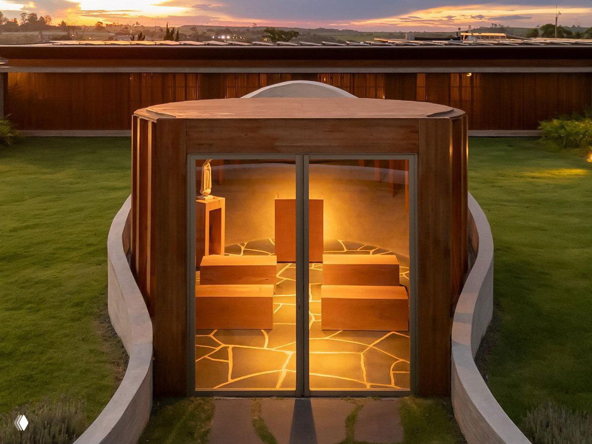 Крупный план входа в капеллу: стеклянные двери, тёплое внутреннее освещение, деревянный объём и каменный пол, окружённые бетонными стенами.