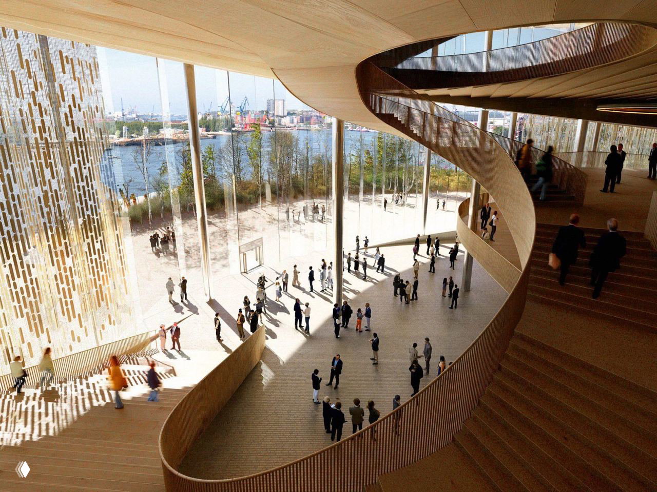 Вид из фойе: высокое остекление и плавные деревянные перила, через стекла видна река и набережная, внутри — люди и просторное лобби.