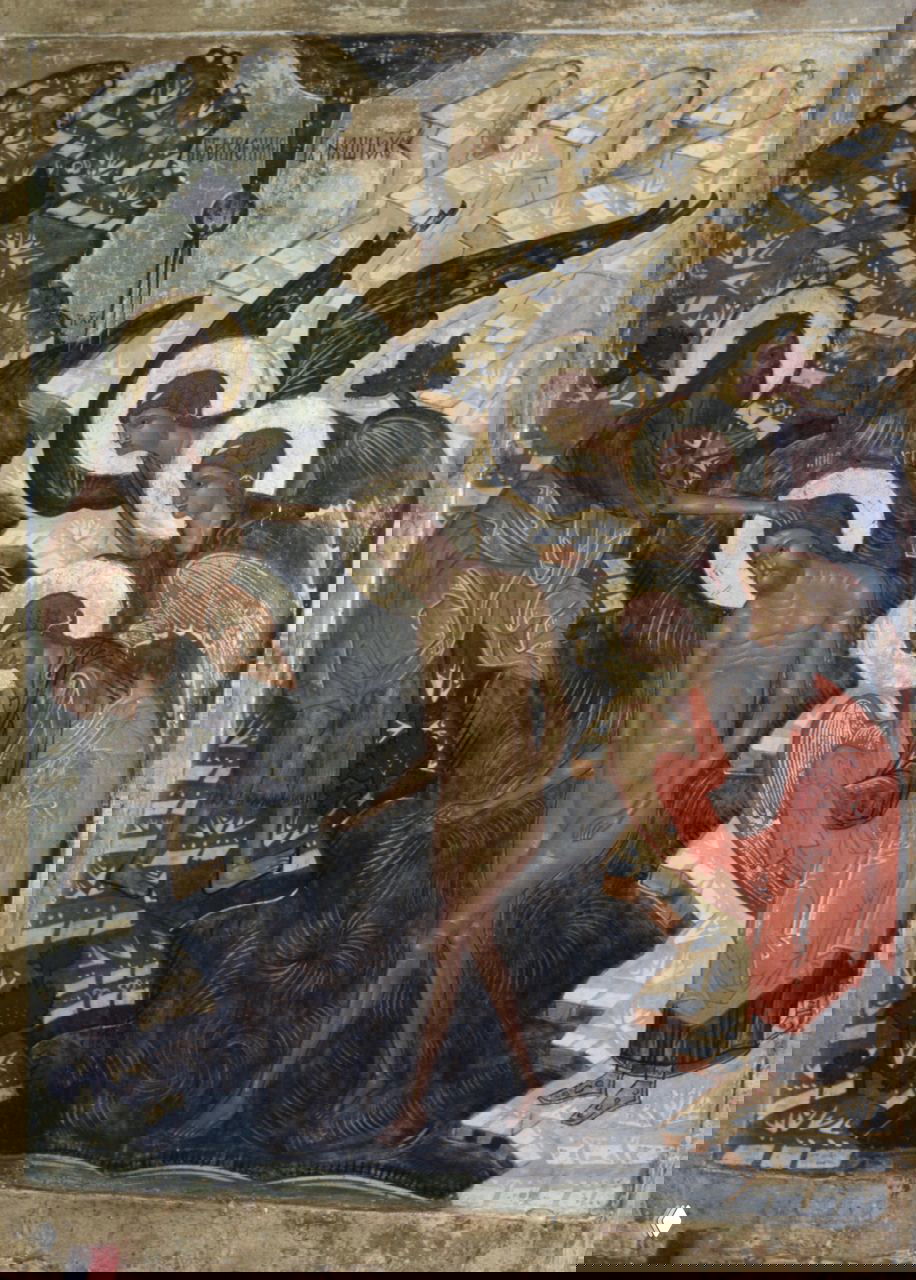 Древнерусская икона «Крещение»: стилизованная композиция с Христом в воде, Иоанном Крестителем и ангелами на золотом фоне, церковная иконография.