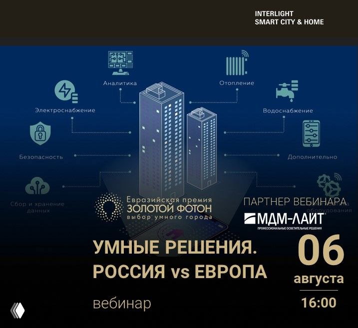 Постер вебинара: здания с иконками смарт‑функций, заголовок «Умные решения. Россия vs Европа», 6 августа, логотип МДМ‑ЛАЙТ.