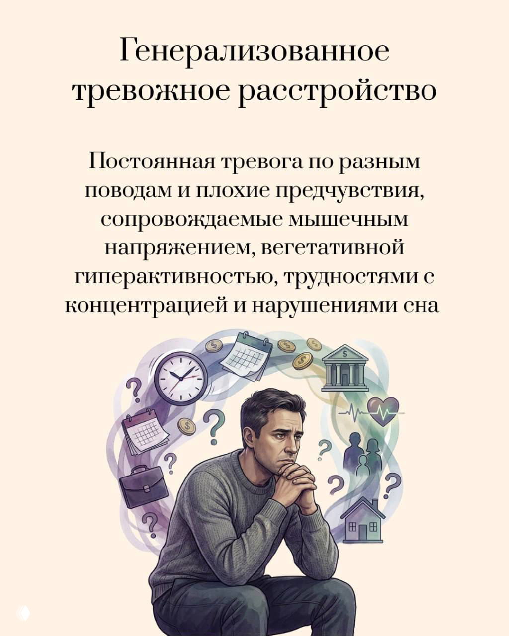 Карточка про генерализованное тревожное расстройство: мужчина в раздумьях, вокруг символы времени, денег и забот, подчёркивающие постоянную тревогу.