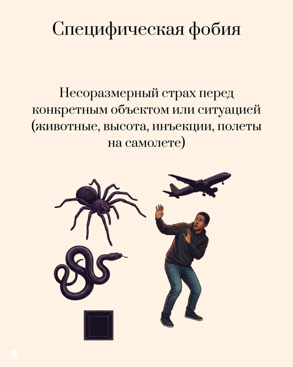 Карточка про специфические фобии: изображения паука, змеи, самолёта и человека, отгораживающегося от пугающих объектов и ситуаций.