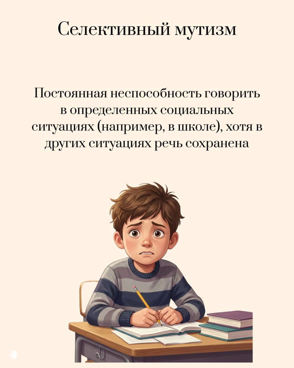 Селективный мутизм: ребёнок в школе, не говорящий в определённых социальных ситуациях, изображён за партой с книгами и карандашом.