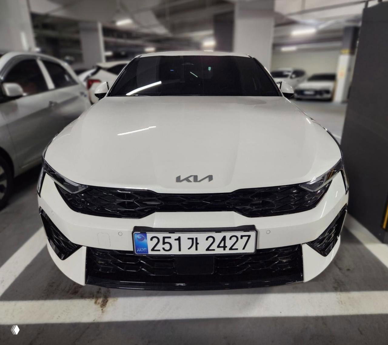 Фронтальный вид белой KIA K5 2024 с корейским номером; фотография подтверждает внешний вид и состояние перед покупкой и экспортной проверкой.