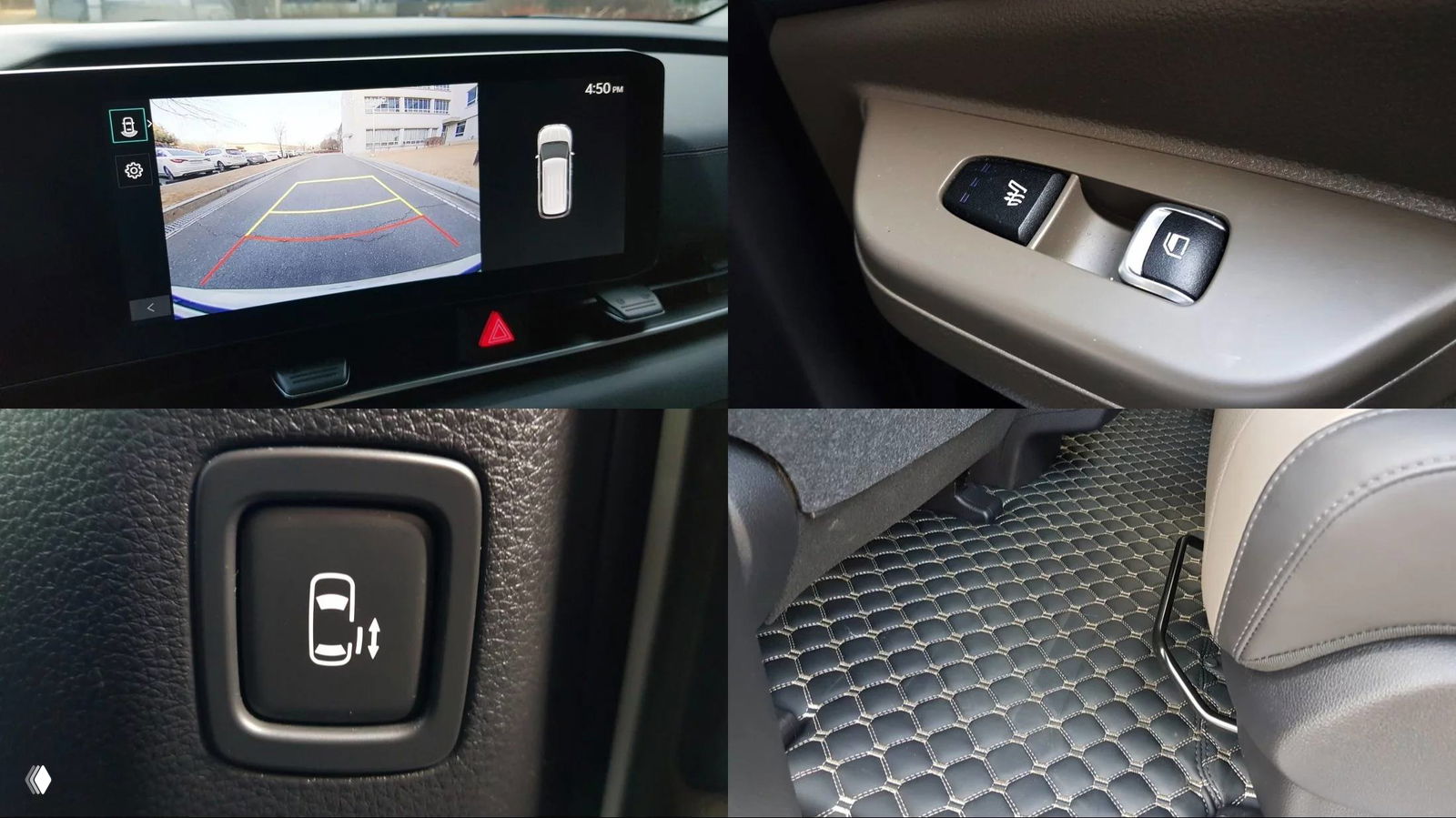 Крупные кадры экрана задней камеры и электрических регуляторов стеклоподъёмников — демонстрация опций помощи при парковке и удобств водителя.