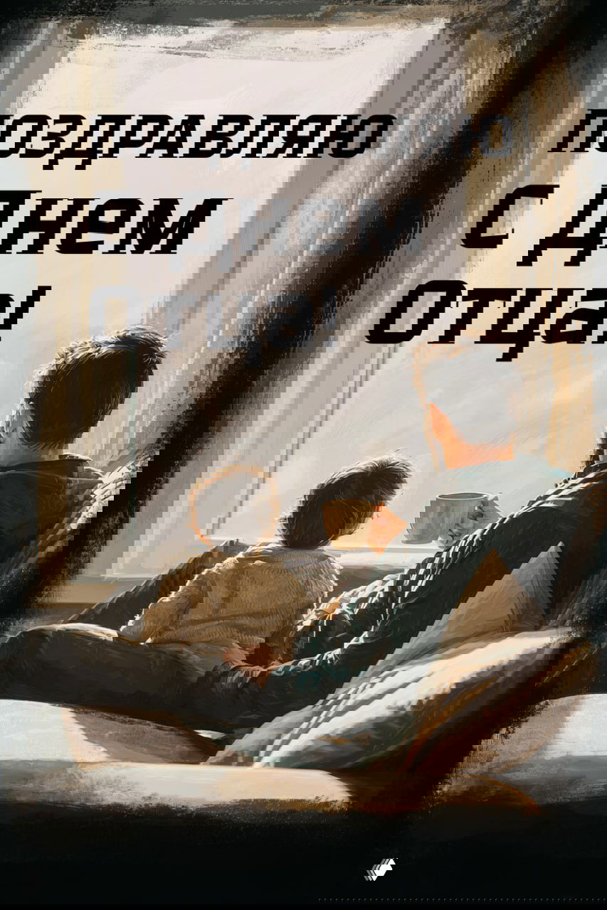 Открытка: мужчина и ребёнок сидят у окна, мужчина держит кружку, уютная бытовая сцена с тёплой атмосферой и крупной поздравительной надписью.