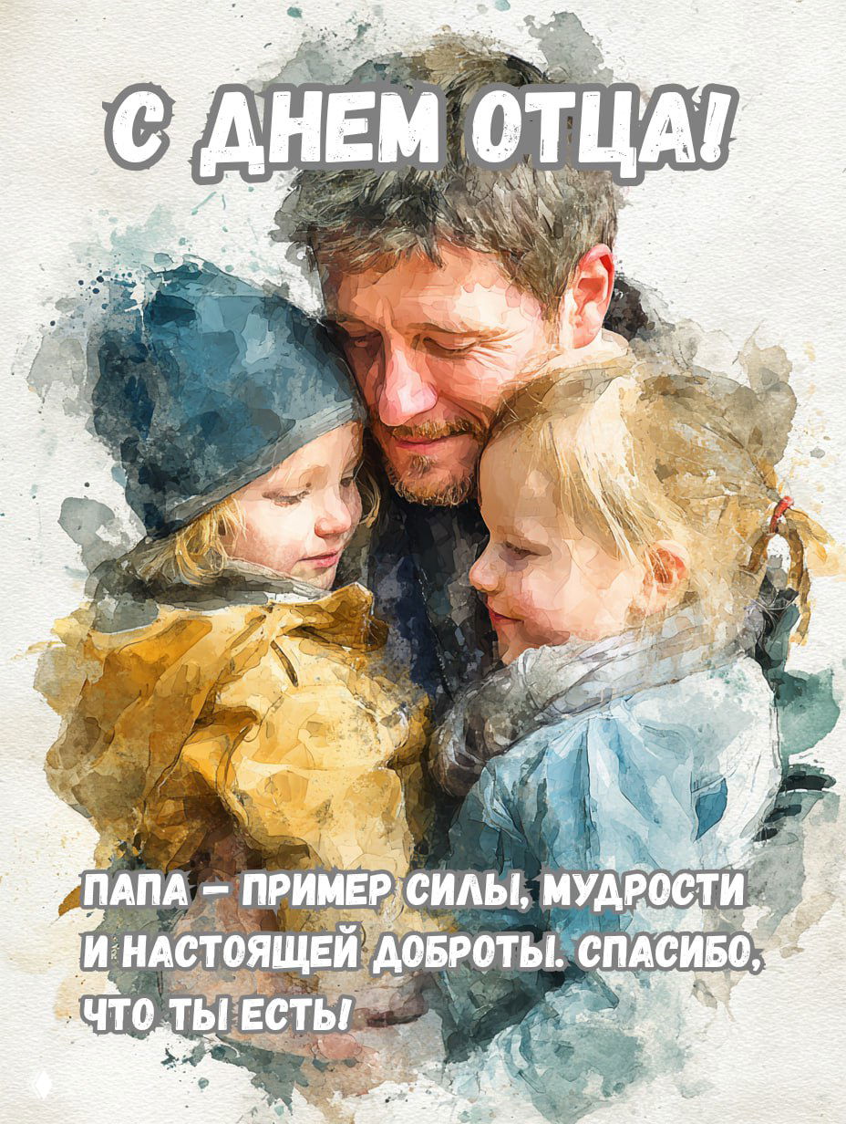 Акварельная открытка: отец обнимает двух детей, эмоциональная сцена, художественные пятна краски и текст «С Днём Отца» в композиции.