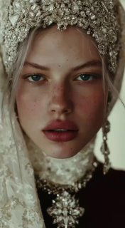 Портрет искусственной модели в славянском стиле на обложке: близкий план лица с кокошником, естественный макияж и декоративные украшения.