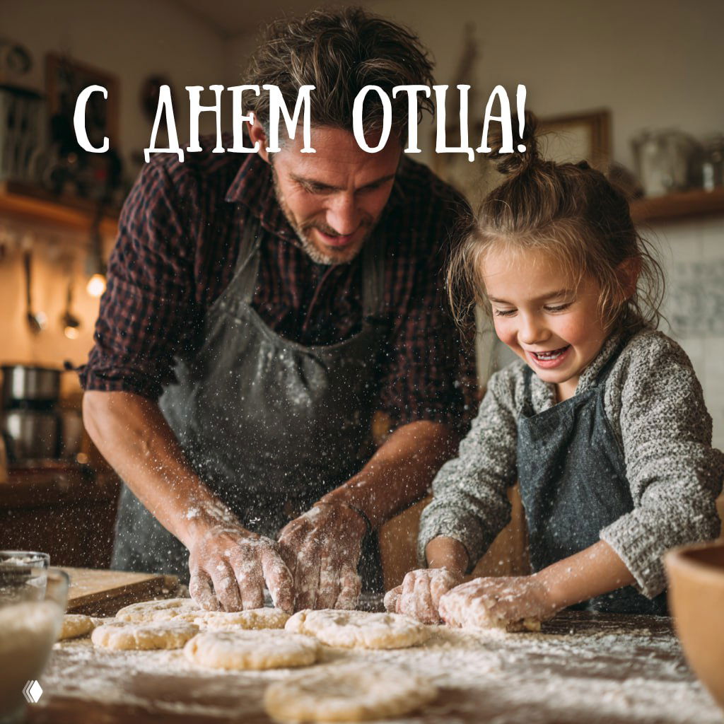 Фотография: отец и дочь месили тесто на кухонном столе, семейная радость и смех, крупный текст поздравления «С Днем Отца» на изображении.
