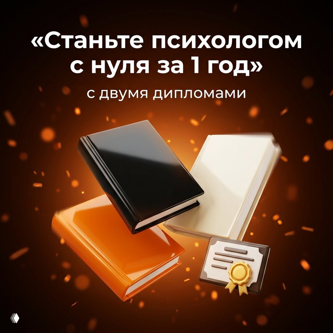 Графика с тремя книгами и иконкой диплома на тёмном фоне с искрами, текст о годичном обучении и двух дипломах